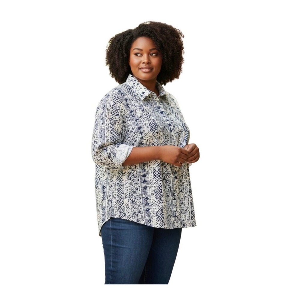 John Mark Embroidered Eyelet Printed Button Front Blue Print Top Blouse Sz 2X